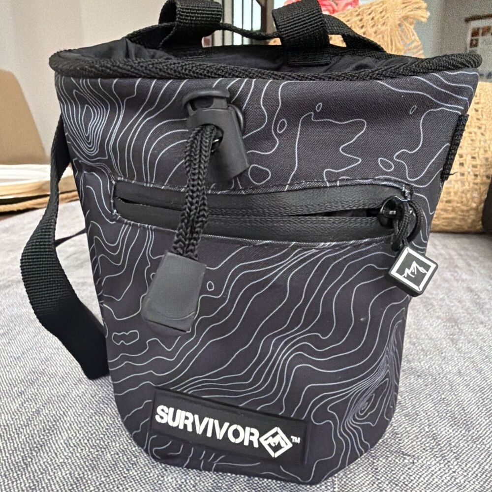 SURVIVOR Chalk Bag Rock Climbing Bouldering Lifting Drawstring Pockets Black